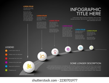 Vector dark Infographic Company Milestones Timeline Template with big spherees and arrow pointers on a curved road line - multipurpose infographic steps timeline