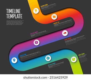 Vetor Dark Infographic Empresa Marcos curvos Modelo de Linha do Tempo. Modelo de linha de tempo escura com círculos e ícones. Linha do tempo em arco-íris espesso com curvas, ícones e conteúdo de texto