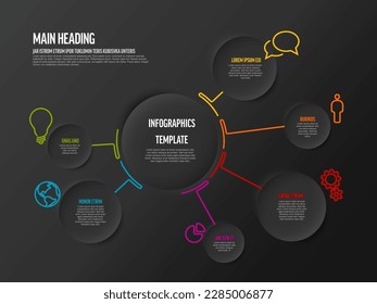 Vektor-Dark-Infografik-Diagramm-Vorlage aus Linien-Kreisen und Symbolen - große Kreisinfochart in der Mitte mit kleineren Elementen mit Beschreibungen und Symbolen