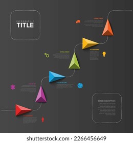 Vector oscuro escaleras Infográficas escalones compañía Milestones Plantilla de línea de tiempo con punteros triangulares en una línea curva con pasos e iconos de color títulos y descripciones