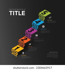 Vektor dark Infografik Stufendiagramm Vorlage für Workflow, Business Schema oder Prozedurdiagramm - dunkle Version mit Symbolen und Isometrietentexten. Führen Sie Schritte mit Titel-Beschreibungen und Symbolen durch