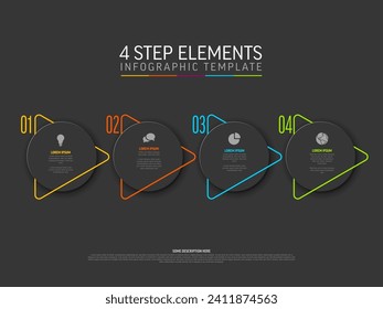 Vector dark Infographic template with dark gray circle step cards, icons and descriptions. Simple minimalistic multipurpose infochart template with four step elements and color border triangle arrows