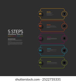 Vector oscuro Infografía Plantilla con tarjetas redondeadas grises borde colorido y grandes números en Elementos, iconos y descripciones circulares. Simple minimalista 5 pasos Vertical Plantilla