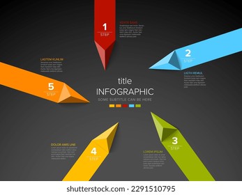 Vector dark Infographic template made from five color big triangle arrows and stripes containing steps chart with numbers descriptions and legend - gray background version with 5 steps elements