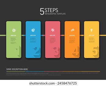 Vector dark Infographic template with rounded colorful pastel cards in one row with big numbers icons titles and descriptions. Simple minimalistic time line steps template