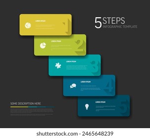 Vector oscuro Plantilla infográfica con tarjetas redondeadas de colores en una línea diagonal con grandes números, títulos y descripciones. Simple minimalista verde azul línea de tiempo pasos Plantilla