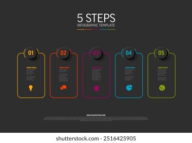 Vector oscuro Infografía Plantilla con tarjetas redondeadas borde colorido y grandes números en Elementos de círculos oscuros, iconos y descripciones. Simple minimalista 5 pasos Plantilla