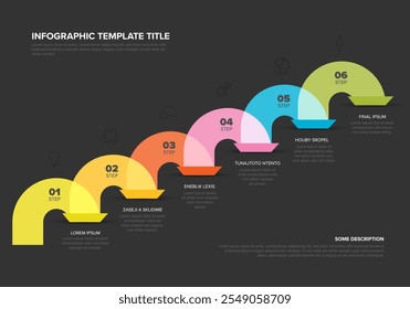 Vetor escuro Infográfico modelo com cor arredondada saltos na linha diagonal com números ícones títulos e descrições. Modelo de passos minimalistas simples com arcos de cores.