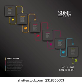 Vector dark Infographic template with white rounded square cards in diagonal order with icons titles and descriptions. Simple minimalistic time line steps template with color lines