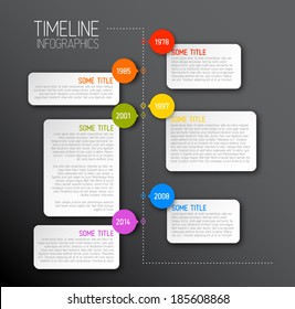 Plantilla de informe de escala de tiempo de infografía oscura vectorial con iconos