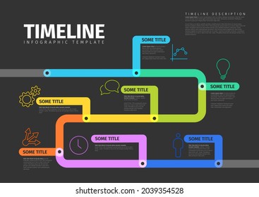 Vector dark Infographic timeline report template with thick lines and icons. Color infochart template for time line history path with various milestones