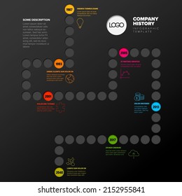 Plantilla de informe de escala de tiempo de la infografía oscura vectorial con iconos y contenido simple - juego de mesa de escritorio hecho de círculos pequeños con una plantilla de hitos de color importante