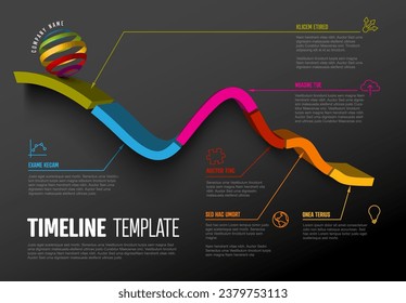 Vektor dunkle Infografik-Zeitstrahl-Berichtsvorlage mit 3D-farbigem Streifen-Diagramm, Symbolen und Beschreibungen. Vorlage für mehrzweckgebundene Infozeitlinien