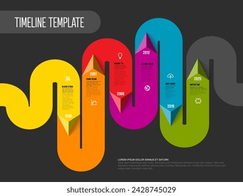 Vector Dark Infographic timeline report template made from thick color line with pyramid triangle arrow showing the direction, icons and simple content. Timeline template with arrows, icons