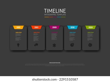 Vektor dunkle Infografik Timeline Vorlage mit dunkelgrauen, gerundeten Karten und bunten Tabs, Jahren, Symbolen und Beschreibungen. Einfache minimalistische Zeitlinienvorlage