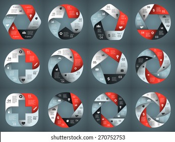 Vector dark infographics set. Template for cycle diagram, graph, presentation and round chart. Business concept with 4, 5, 6, 7, 8 options, parts, steps or processes. Abstract background.