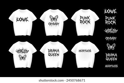Vector Dark Lettering Gothic and Rock print designs of Love, Drama Queen, Gothic, Punk Rock, Heartless. Y2k Ghotic Opium style concept for apparel print design. Trendy Rock n Roll style lettering