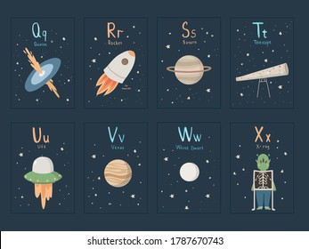 Vector dark magic Alphabet flashcards with letter Q R S T U V W X. English Space alphabet for kids. Perfect for educations. Learn Space words with game