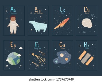 Vector Dark magic Alphabet flashcards with letter A B C D E F G H. English Space alphabet for kids. Perfect for educations. Learn Space words with game