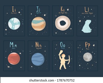 Vector dark magic Alphabet flashcards with letter I J K L M N O P. English Space alphabet for kids. Perfect for educations. Learn Space words with game