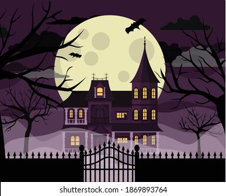 Vector dark mansion haunted house illustration. flying bats black trees full moon mist wallpaper background. Halloween cartoon spooky style design