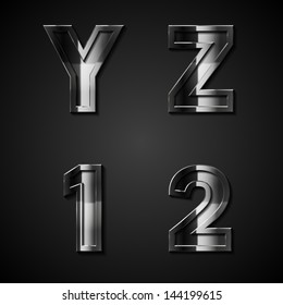 Vector dark metal alphabet letters and numbers Y Z 1 2