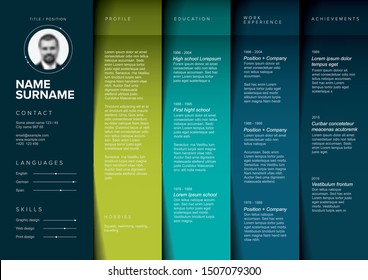 Vector dark minimalist cv / resume template with color blocks design - horizontal landscape version