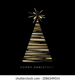 Vector dark modern simple trendy christmas card and abstract golden triangle christmas tree made from golden lines   minimalistic simple lettering  Metallic golden trendy happy new yearlayout  