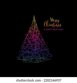Vector dark  modern simple trendy christmas card with abstract color triangle christmas tree made from triangles and minimalistic simple lettering. Colorful trendy happy new year card layout. 