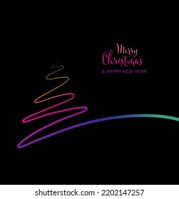 Vector dark  modern simple trendy christmas card with abstract minimalistic one line christmas tree made from gradient doodle and minimalistic simple lettering. Colorful trendy happy new year card lay