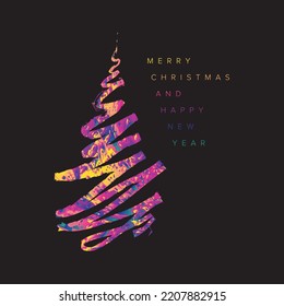 Vector dark  modern simple trendy christmas card with abstract minimalistic one line christmas tree made from gradient doodle and minimalistic simple lettering. Colorful trendy happy new year card. 