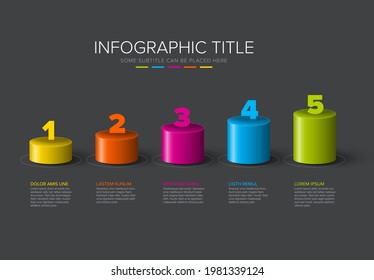 Vector dark multipurpose Infographic template made from color cylinder steps growing levels stairs chart with numbers descriptions and legend - dark  background version with 5 steps elements