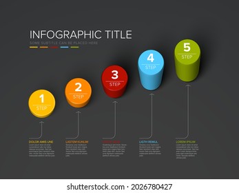 Vector dark multipurpose Infographic template made from color diagonal cylinder steps growing levels stairs chart with numbers descriptions and legend - white background version with 5 steps elements