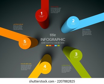 Vector dark  multipurpose Infographic template made from five color cylinder steps  chart with numbers descriptions color stripes and legend - dark background version with 5 steps elements