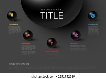 Vector dark multipurpose Infographic template with title and five sphere elements options around big black ball. Multipurpose Infochart with modern colors. Infographic with spheres