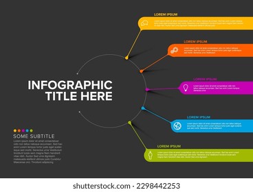 Vector de plantilla de Infografía de propósito múltiple oscuro hecho de título en círculo grande y cinco elementos de color en franjas largas con títulos y descripciones de iconos. Plantilla de gráfico de información multipropósito