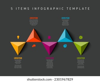 Vector dark multipurpose Infographic template made from five color big triangle arrows containing five item elements descriptions and legend - black background version with 5 steps elements