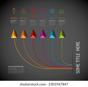 Vector de plantilla de Infografía de Múltiples Fines oscuros con título y seis opciones de elementos más pequeños. Infochart multipropósito con iconos de líneas de colores modernos y flechas de triángulo piramidal que apuntan en una dirección. 