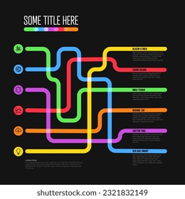Vector dark multipurpose Infographic template with elements options and thick lines. Multipurpose maze Infochart with modern colors lines pointing from icons to descriptions