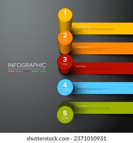 Vector dark multipurpose Infographic template made from color diagonal cylinder steps  chart with numbers descriptions color stripes and legend - dark gray background version with 5 steps elements