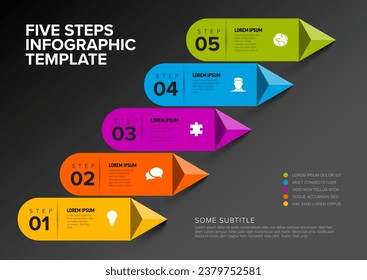 Vector dark multipurpose Infographic template with title and six steps items. Multipurpose Infochart with modern colors stripe lines icons and pyramid triangle arrows pointing on one direction. 