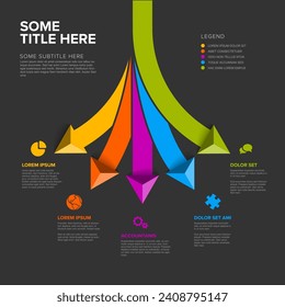 Vector dark multipurpose Infographic template with title and five elements options with big color arrows. Multipurpose Infochart with modern colors lines icons and pyramid triangle arrows 