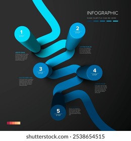 Vetor escuro multiúso Infográfico modelo feito a partir de cor vertical cilíndrico passos gráfico com números descrições de listras de cor e legenda - fundo escuro versão com 5 azul passos elementos