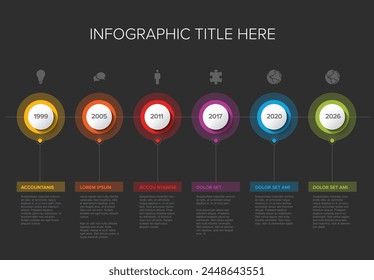 Vector dark multipurpose simple light progress time line steps template with descriptions, icons, year numbers and circles - universal timeline infochart layout template
