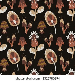 Vector dark naive cute mushrooms seamless pattern