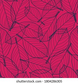 Vector dark navy blue leaves pink seamless pattern