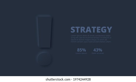 Vector dark neumorphic infographic. Presentation slide template. Business infographics concept with exclamation mark and place for your text.