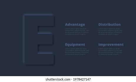 Vector dark neumorphic infographic. Presentation slide template. Business infographics concept with letter E and place for your text.