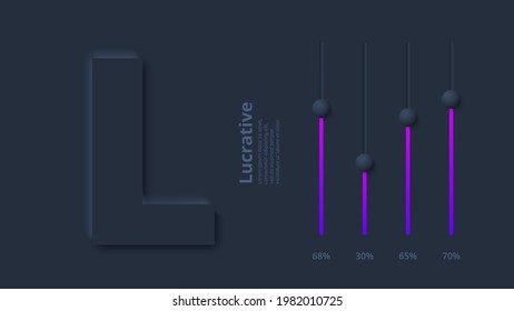 Vector dark neumorphic infographic. Presentation slide template. Business infographics concept with letter L and place for your text.