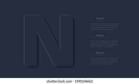 Vector dark neumorphic infographic. Presentation slide template. Business infographics concept with letter N and place for your text.